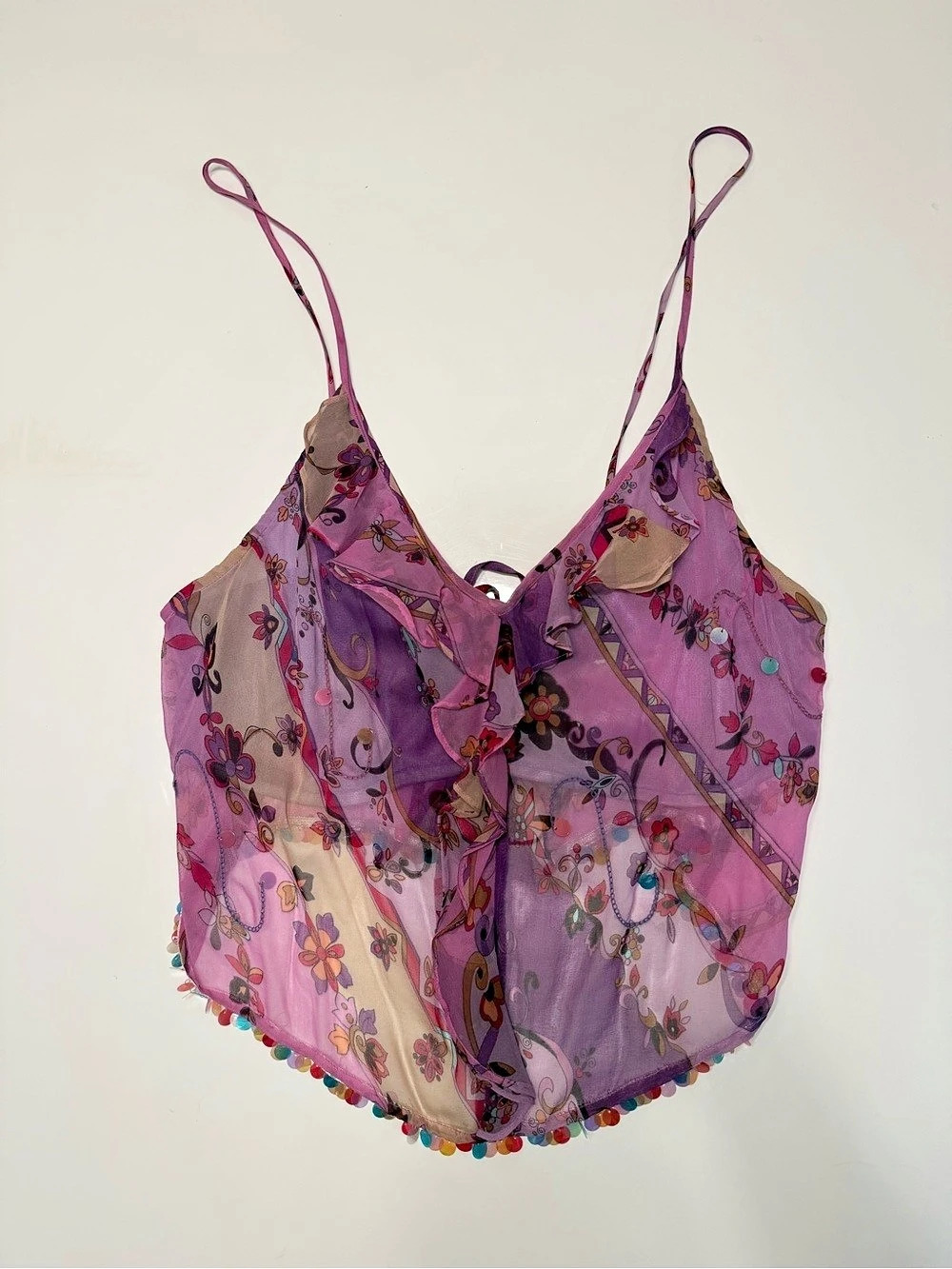 Vintage Y2K Express 100% Silk Ruffle Handkerchief Cami Top Sequin Pom Pom 13/14
